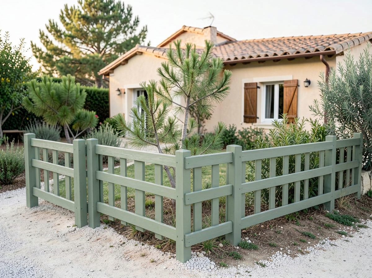 Clôture en bois peinte en vert sauge après travaux