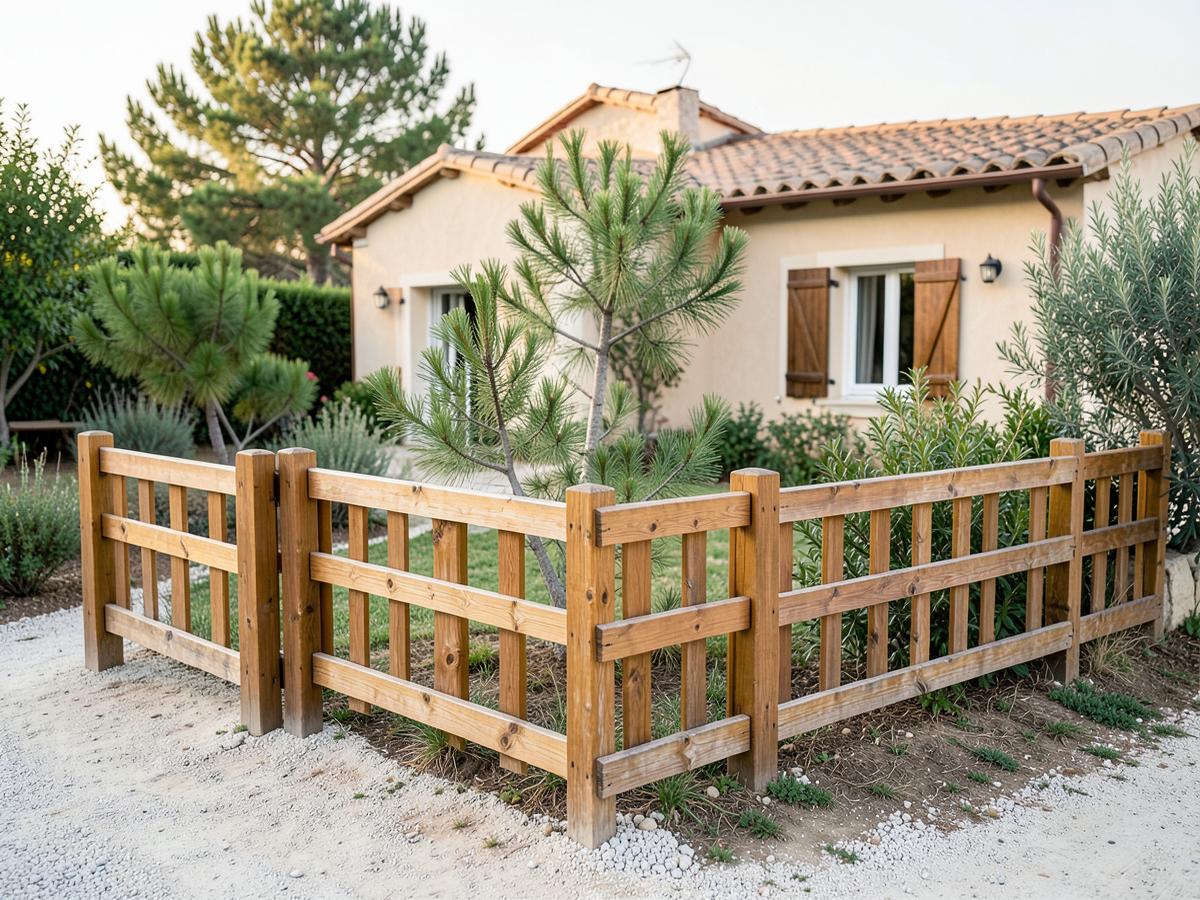 Clôture en bois peinte en vert sauge avant travaux