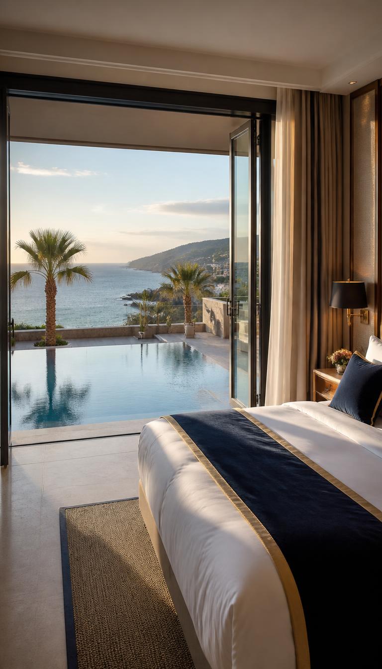 Chambre d’hôtel méditerranéenne avec terrasse, piscine et vue mer